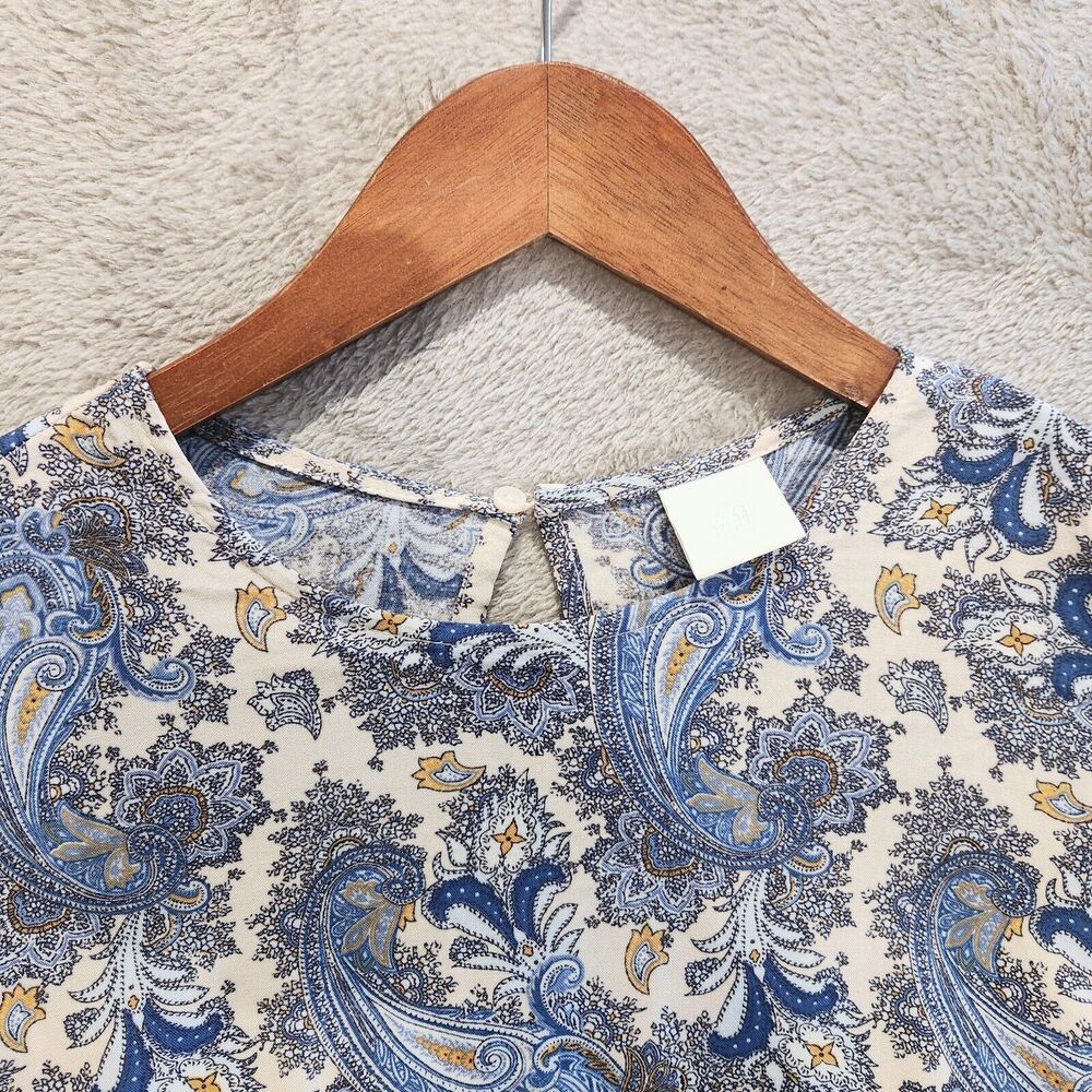 H&M Cream Blue Paisley Fit & Flare Sleeve Shift Mini Dress Size 2 Dainty Flowy - Picture 2 of 12